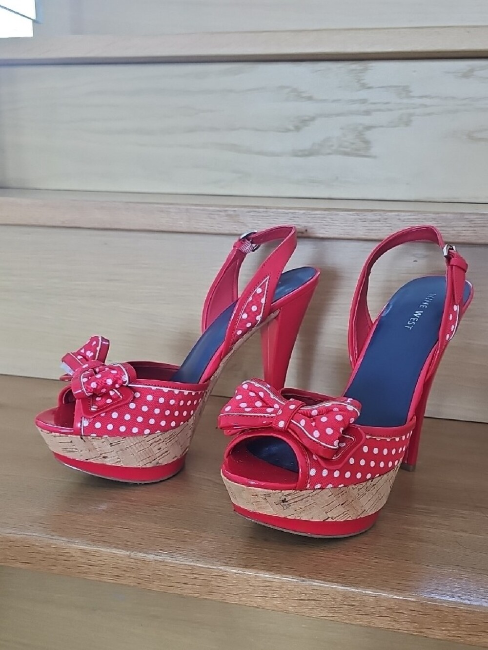 Nine West Red Polka Dot Platform Slingback Heels with Bow - Picture 2 of 8